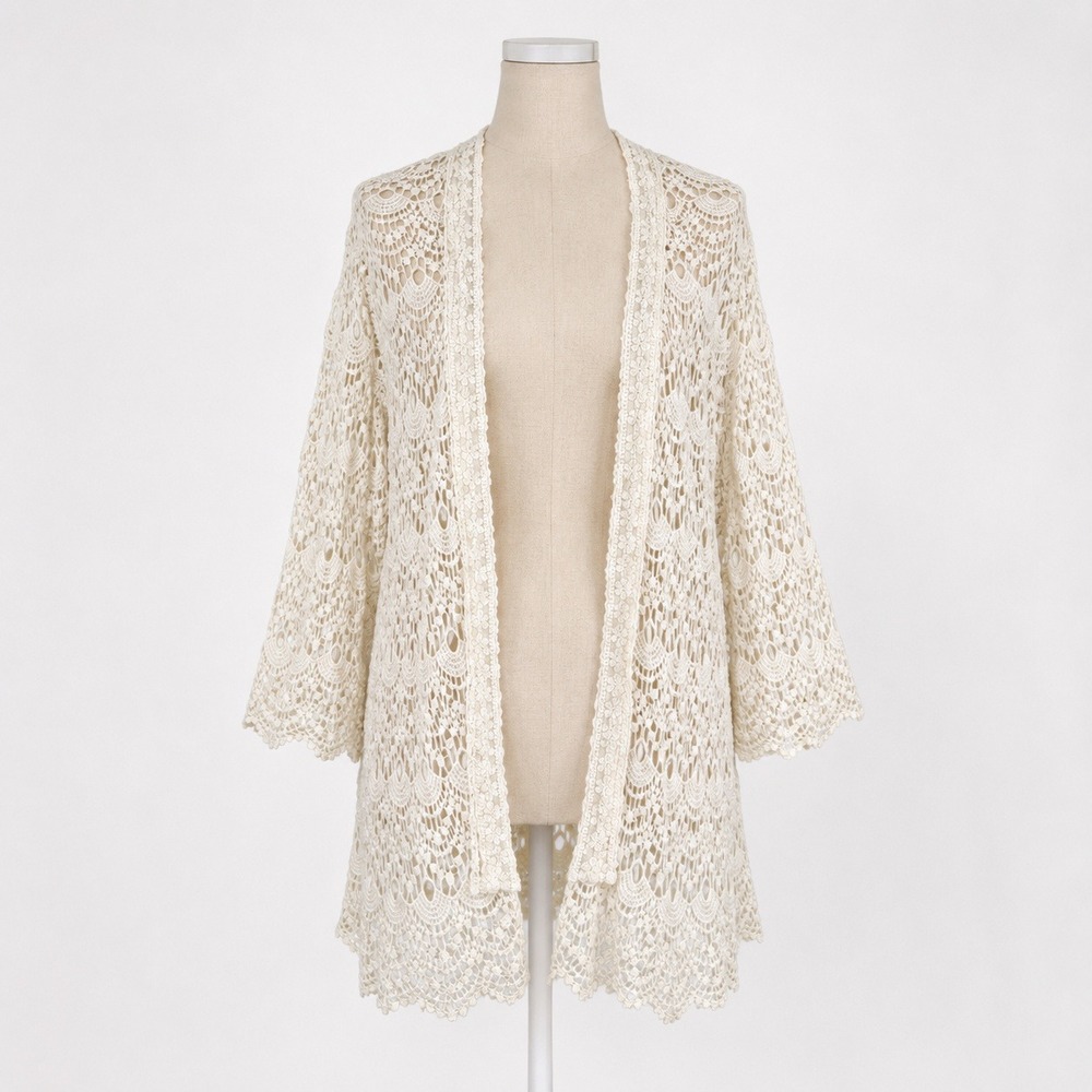 Crochet Fairy Lace 100% Cotton Open Cardigan Size L Cream Festival Coastal Boho